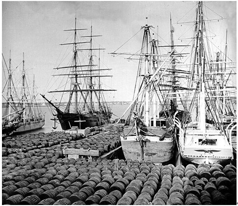 图1. 1861年,双桅帆船“ELIZABETH WATTS”号在美国费城用木桶装224吨石油。